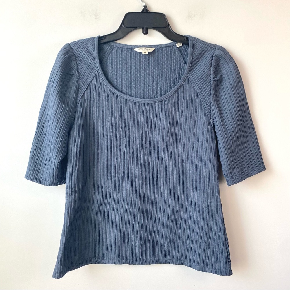 Max Studio Elbow Sleeve Rib Knit Top‎ Blue M